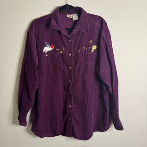 Vintage Looney Tunes Sylvester / Tweety Purple Corduroy Button Down Shirt Large